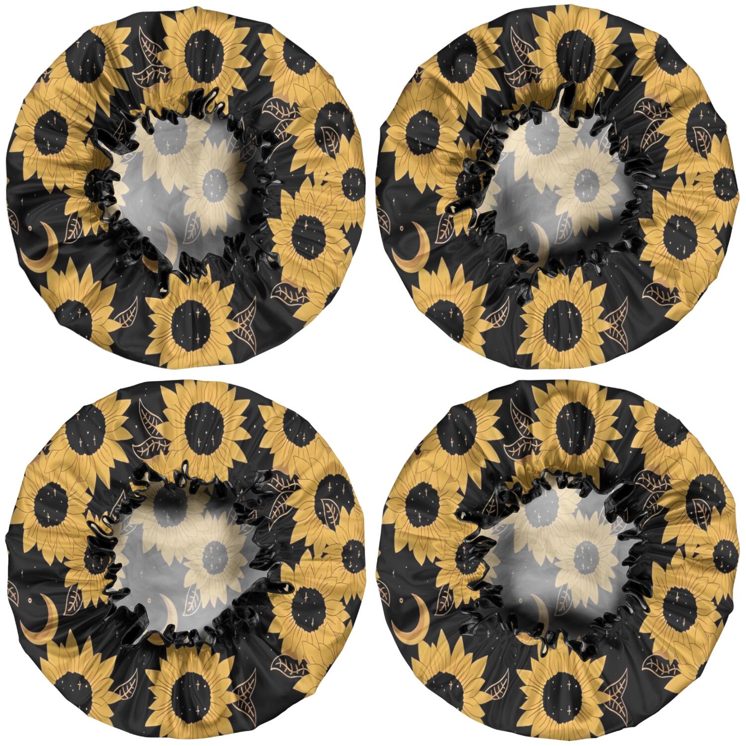 Shower Caps,Black Moon Sunflower Pattern Waterproof Shower Cap for Women 4 Pieces,Double Reusable Hair Cover for Shower PEVA Elastic Stretch Hem