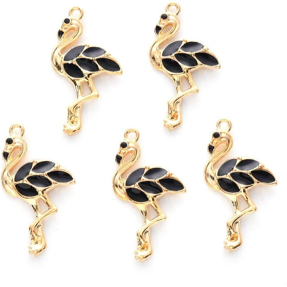 10Pcs Alloy Enamel Flamingo Pendants Light Gold Flamingo Shape Metal Charms Pendant Black Jewelry Making Charms for Necklace Bracelet Jewelry Making 29.5x16x3mm Hole: 1.6mm