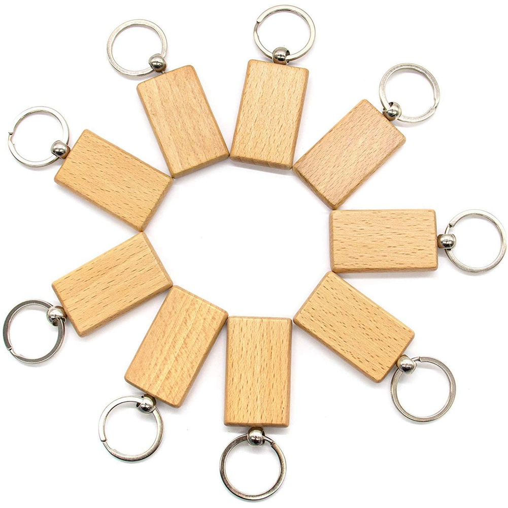 100Pcs DIY Blank Wooden Key Chain Rectangle Heart Round Ellipse Carving Key Ring Wood Key Chain Ring