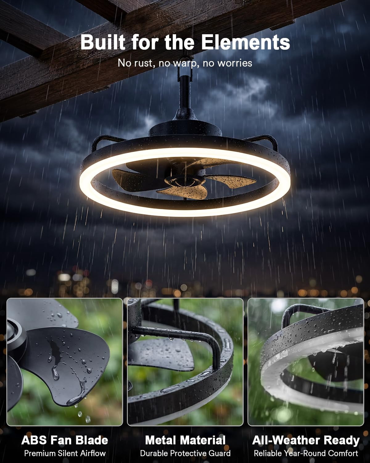 Lumary Smart Outdoor Ceiling Fan with Light IP65 Waterproof Caged Iron RGB Color Changing Remote Control 20 Inch