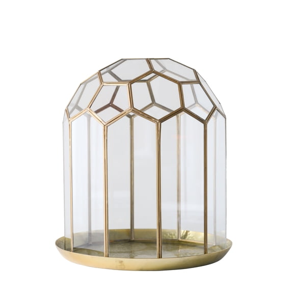 Creative Co-Op Honeycomb Glass Cloche and Tray in Antique Brass Finish (Set of 2 Pieces)