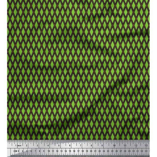Soimoi Green Heavy Satin Fabric Diamond Geometric Print Sewing Fabric Yard 54 Inch Wide
