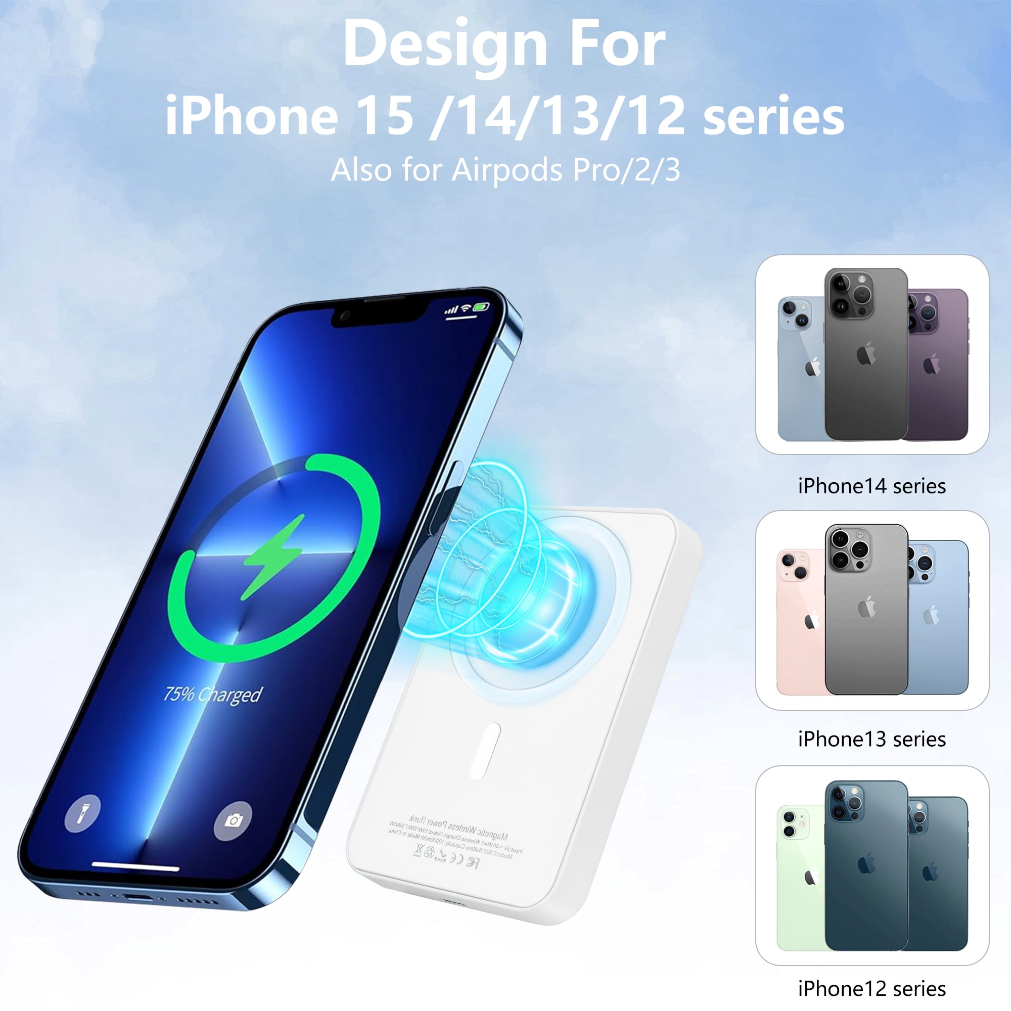 Magnetic Power Bank 5000mAh, Wireless Portable Charger, 15W Fast Charging Battery Pack , Compatible with Magsafe, iPhone 15/15 Plus/15 Pro/15 Pro Max, iPhone 14/13/12 Series