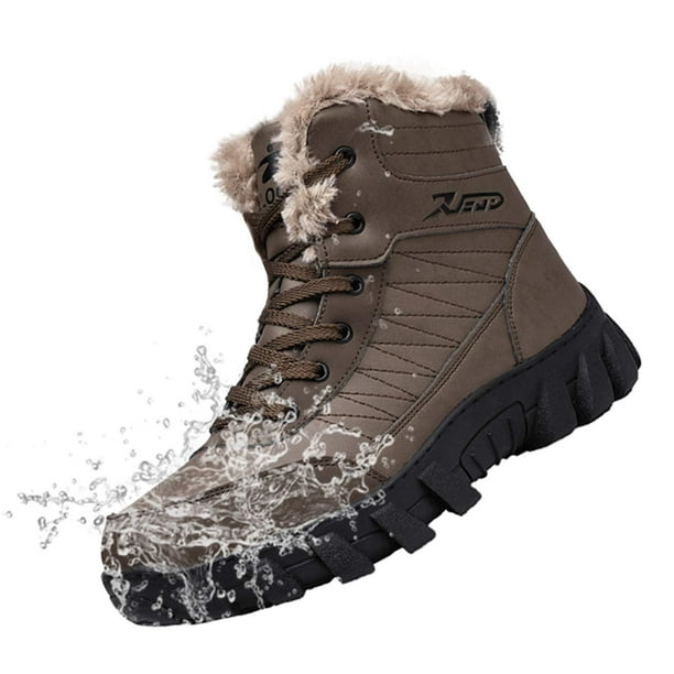 TENGTA Men's Leather Snow Boots High Top Non-Slip Hiking Shoes Faux Fur  Warm Winter Boots for Outdoor 