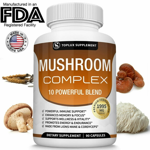 Mushroom Complex Supplement 90 Capsules + 10 Mushrooms Lions Mane
