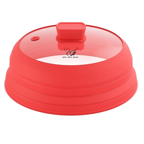 Microwave Splatter Cover Glass Splatter Guard Lid with Collapsible Silicone for Food Pot Plate Cover 10.8 inch Red