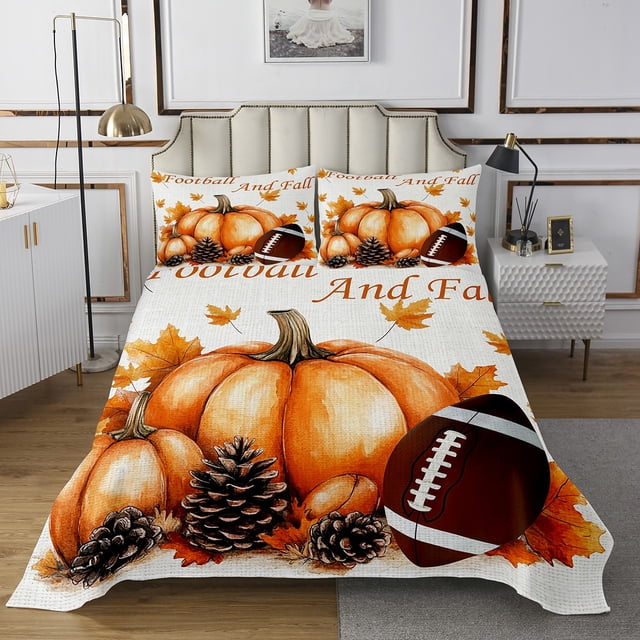 YST Ensemble de Courtepointe Citrouille de Récolte d'Automne pour Lit Simple, Ensemble de Couvre-Lit de Soccer Soccer pour Garçons Rustique avec Feuilles d'Érable d'Automne pour Enfants et Ados, Ensemble de Lit de Style Campagnard Ferme pour l'Action de Grâce, 1 Taie d'Oreiller