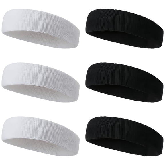 6-Pack Black & White Sports Headbands, Moisture Wicking Athletic Sweatbands for Men & Women