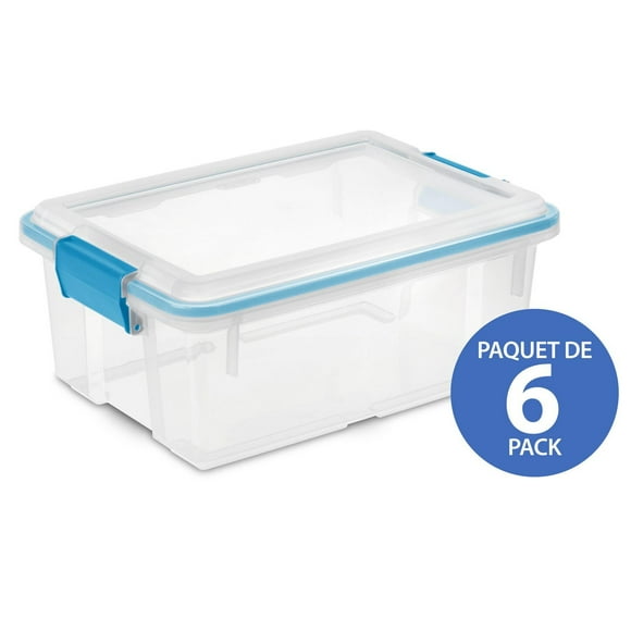 Sterilite 11.4 Liter Gasket Box, Weather-Resistant Small Clear Storage Bin with Latch Lid, Blue - 6PK