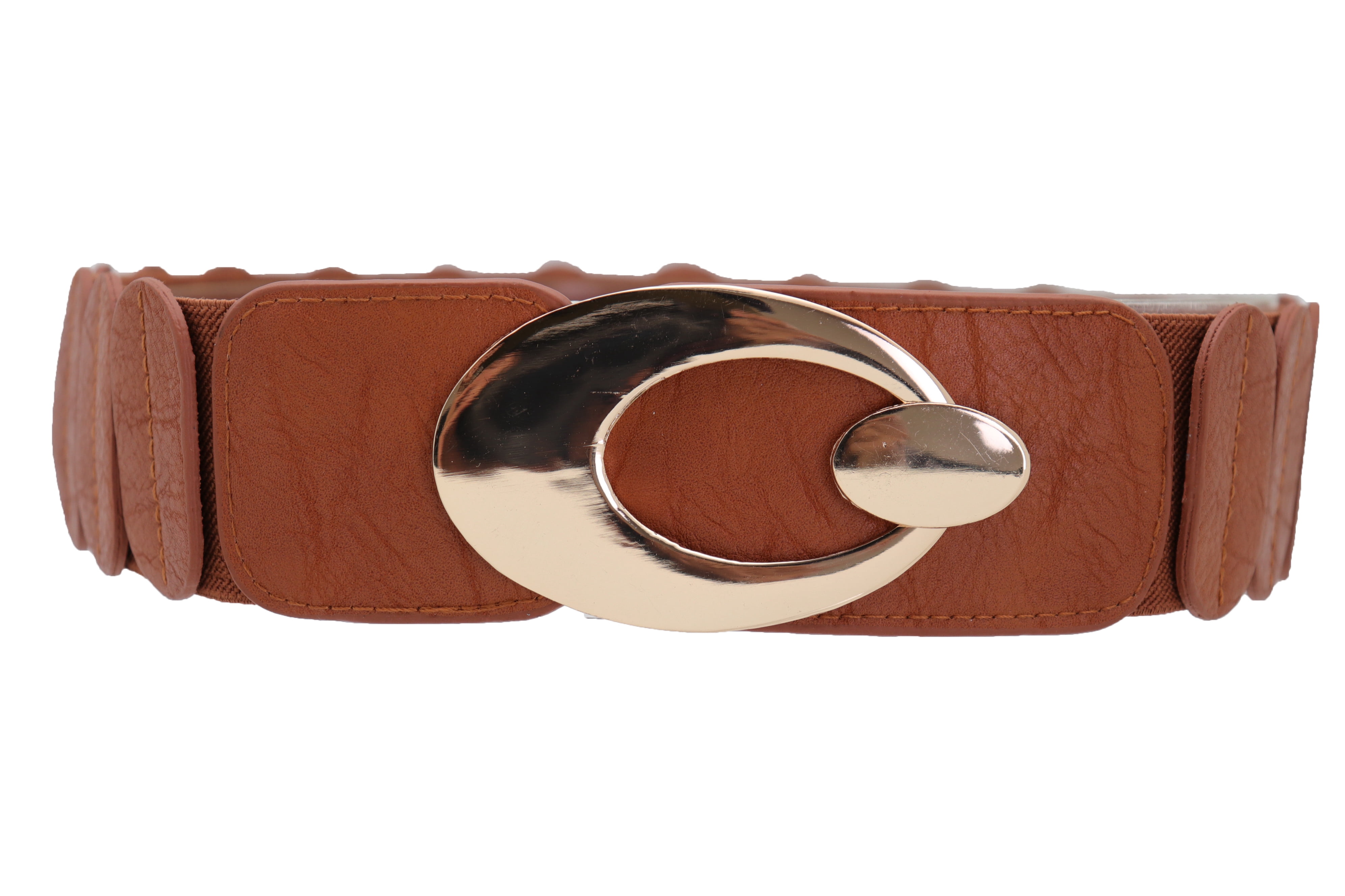 Women Stretch Brown Faux Leather Belt Gold Metal Oval Buckle 