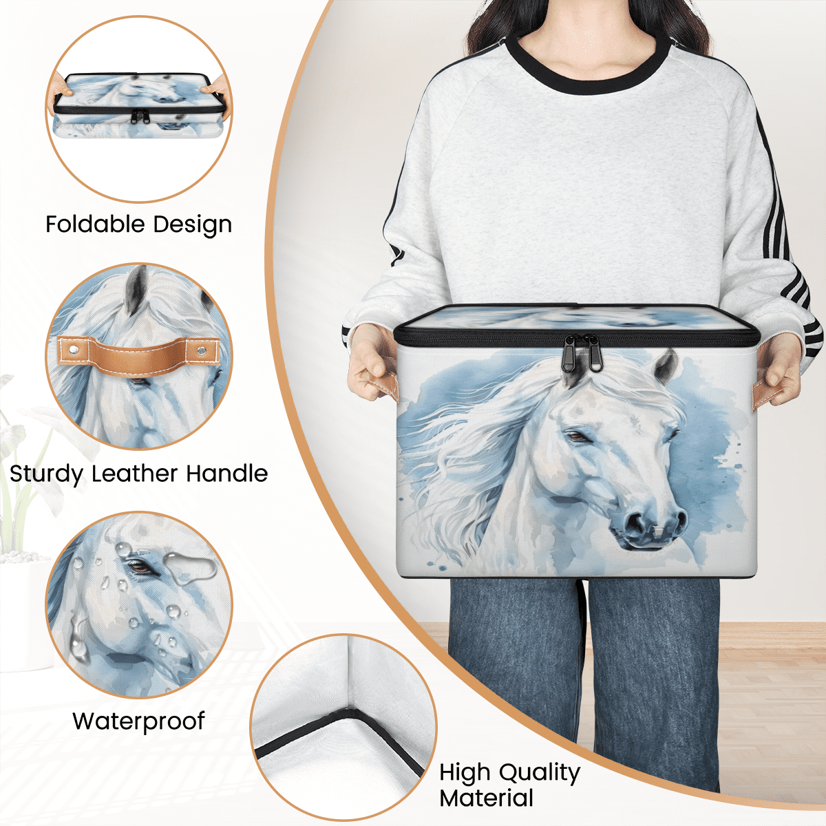 CURLYOOT Horse Fabric Storage Bins with Lids, Horse Animal Foldable Storage Boxes Washable Storage Cube, Closet Bedroom Home Organizer Containers with PU Leather Handles