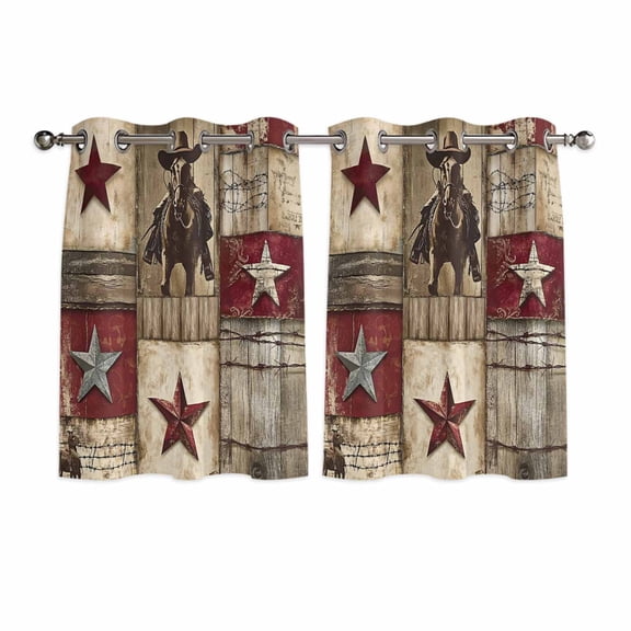 Texas Star Vintage Kitchen Curtains Short 54 Inch Length, Western Cowboy Country Wooden Grommet Top Bedroom Living Room Curtains, Light Filtering Cafe Curtain Drapes 2 Panels Set 84''x54''