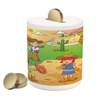 Cartoon Piggy Bank, Image of Cowboy Wild West North America Culture Design, Ceramic Coin Bank Money Box for Cash Saving, 3.6" X 3.2", Brown Green, by Ambesonne
