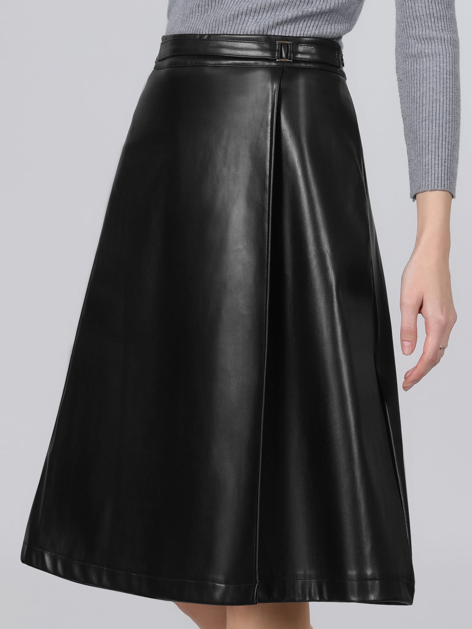DARING DIVA Women's Faux Leather Skirt High Faux Wrap PU A-Line Skirts L Black