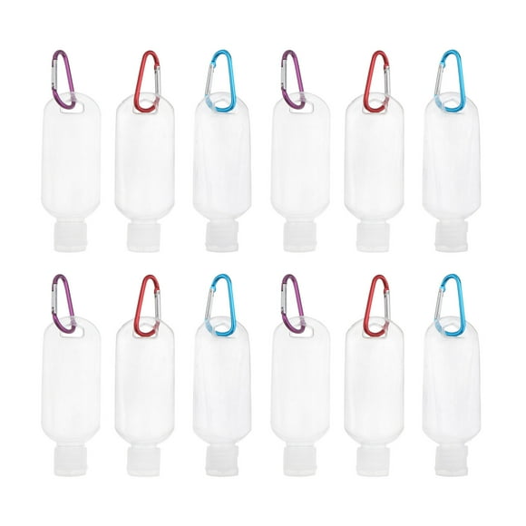 EeaseMX 10 botellas rellenables de 50 ml con gancho para desinfectante de manos, loción de viaje (transparentes, con gancho de color aleatorio)