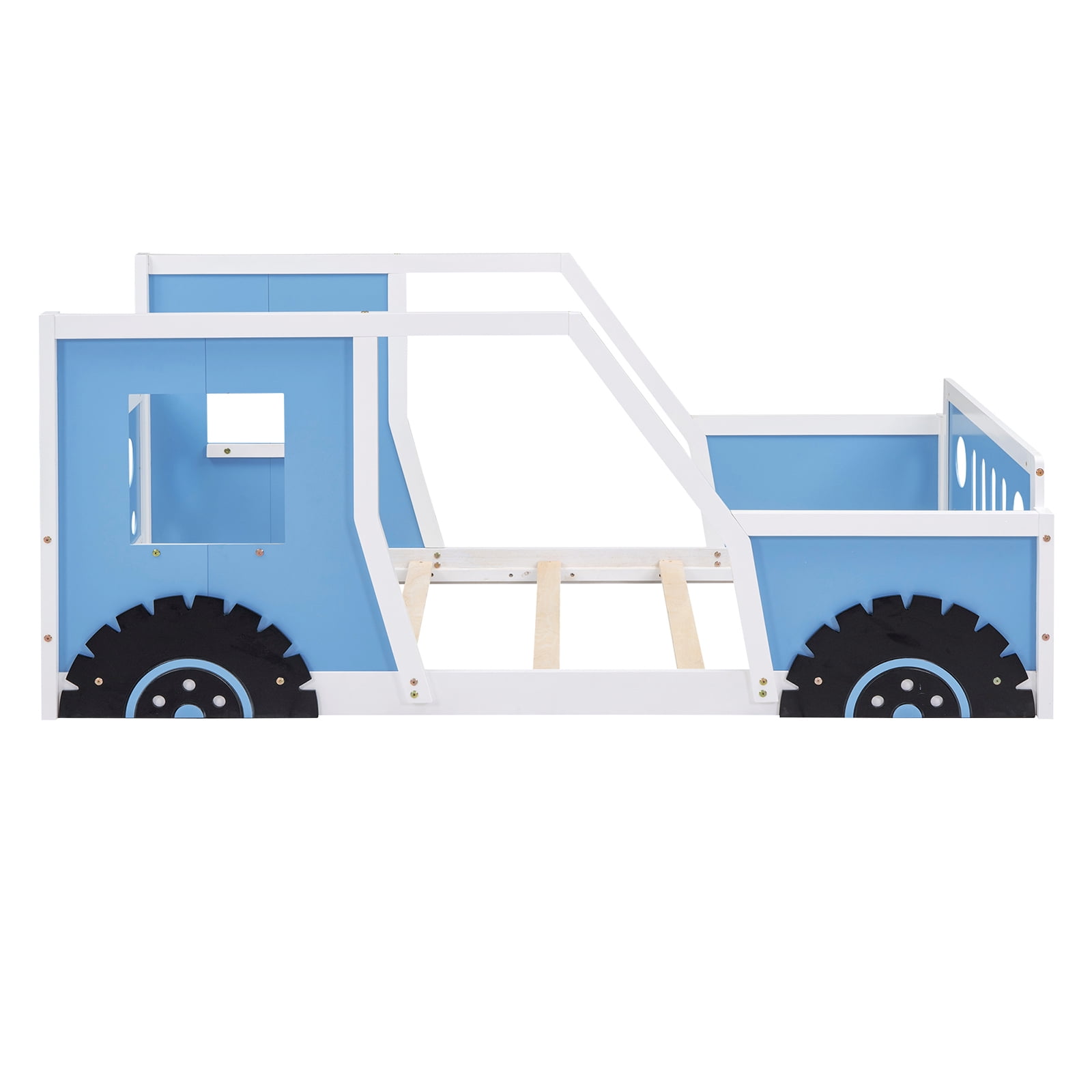 Twin Size Car Shaped Platform Bed Frame with Wheels, Headboard, Footboard, 2 Doors and Windows On Either Side