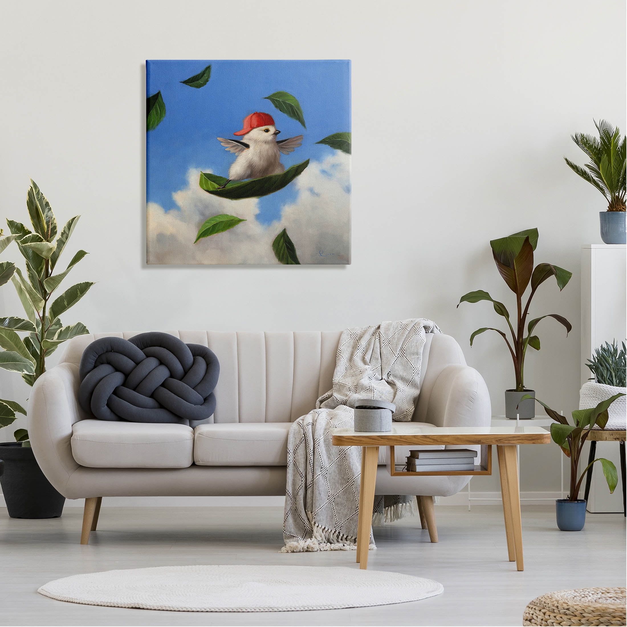 Bird Leaf Surfing Windy Sky Animals & Insects Painting Gallery Wrapped Canvas Print Wall Art