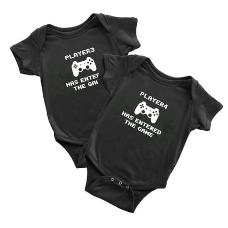 

Player 3 Player 4 Has Entered The Game Funny Newborn Twins Baby Rompers Clothes (Black 18-24M)