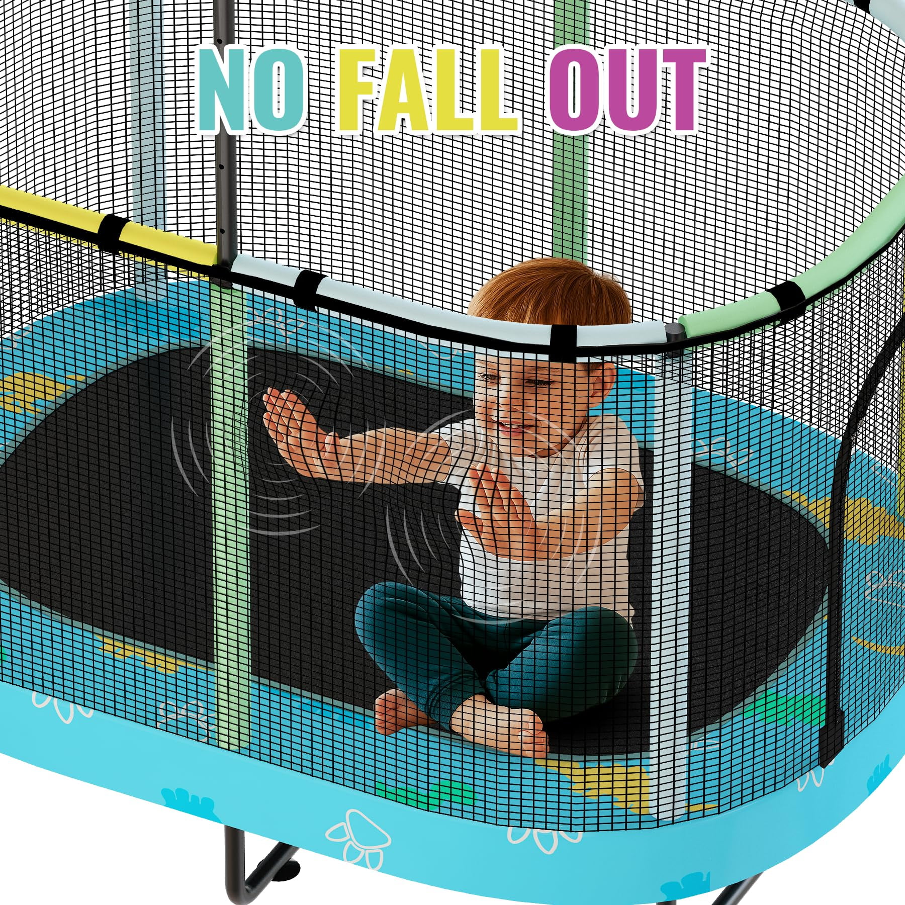 MOOSENG Elliptic Kids Trampoline, Bouncing Trampoline with Safety Enclosure Net, Adjustable Height Handrail, 500lbs Capacity, Designs for Boys & Girls, 7-in-1, 55” (Blue Dinosaur)