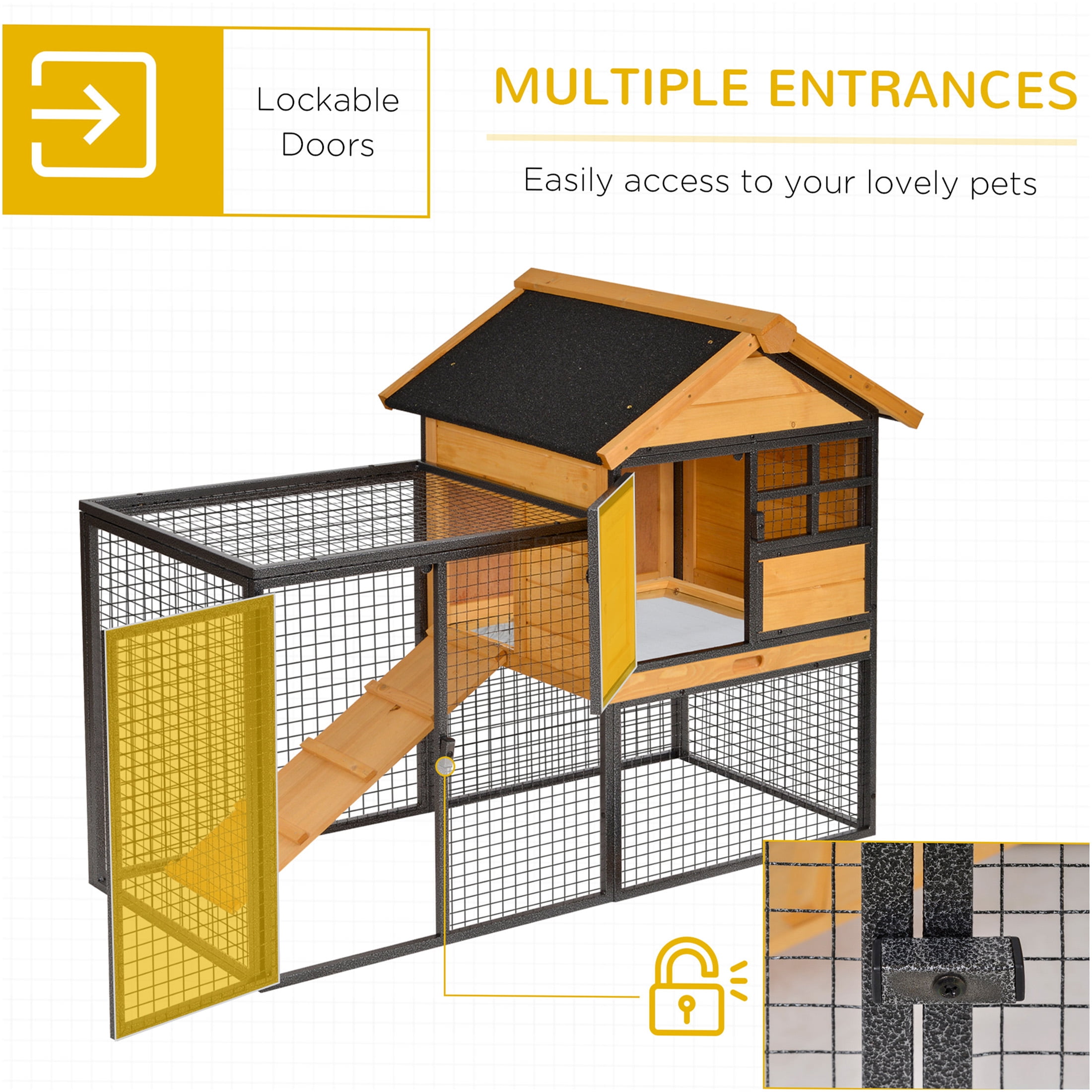 JERFIT Outdoor Rabbit Hutch with Ramp, 2-Level Wooden Bunny House with Waterproof Asphalt Roof, Removable Tray for Rabbits, Guinea Pigs, Chinchillas