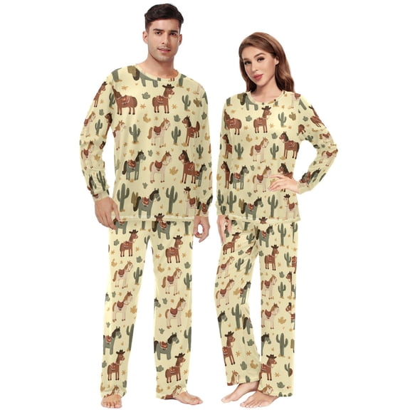 Matching Pajamas for Couples Cute Cowboy Brown Horse His and Hers Pajamas Sets Soft Long Sleeve Sleepwea