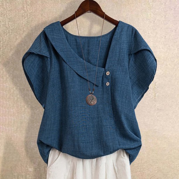 Sudaderas con capucha para mujer,Camisa de lino de talla grande, blusa con mangas de pétalo, mezcla de poliéster y elastano, cuello redondo, top informal para estar en casa, sopatenor