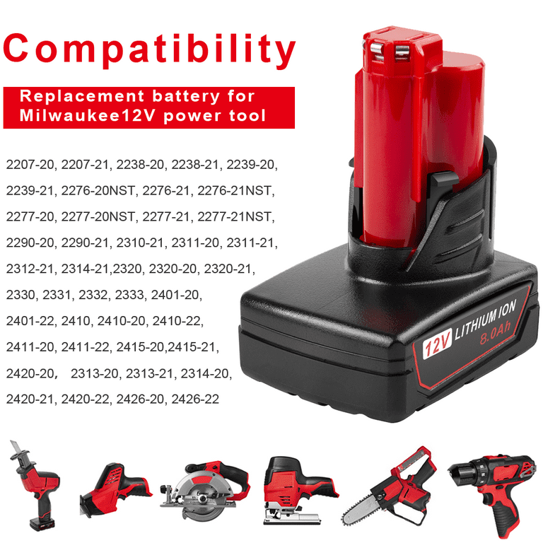 2 Pack for M12 8.0Ah Replacement for Milwaukee M 12 12V Lithium Battery 48 11 2460 48 11 2411 48 11 2401 48 11 2402 48 11 2440 for Milwaukee 12 Volt