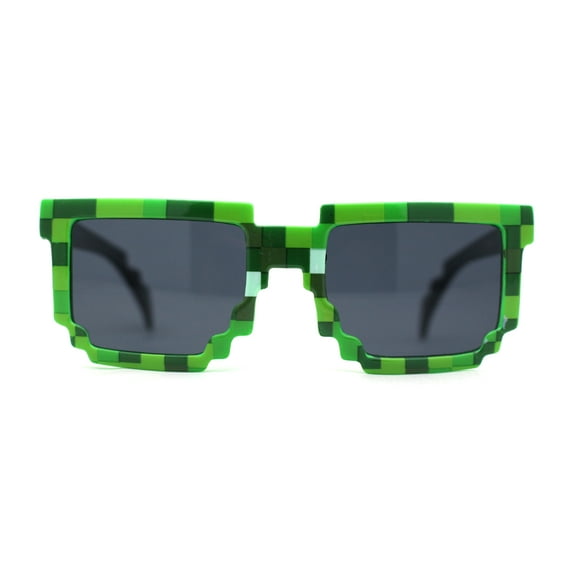 Boys Kid Size 8-bit Pixel Horn Rim Gamer Plastic Sunglasses Green Black