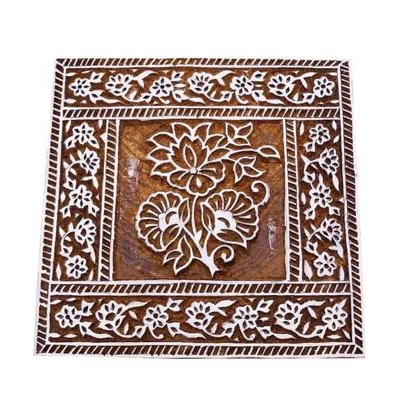 Floral Handcarved Stamp Textile Printing Block Art Brown Indian Wood Stamps