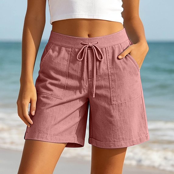 Gtoiithly Women's Summer Elastic High Waist Drawstring Wide Straight Leg Relaxed Fit Casual Shorts with Deep Pockets Pink L