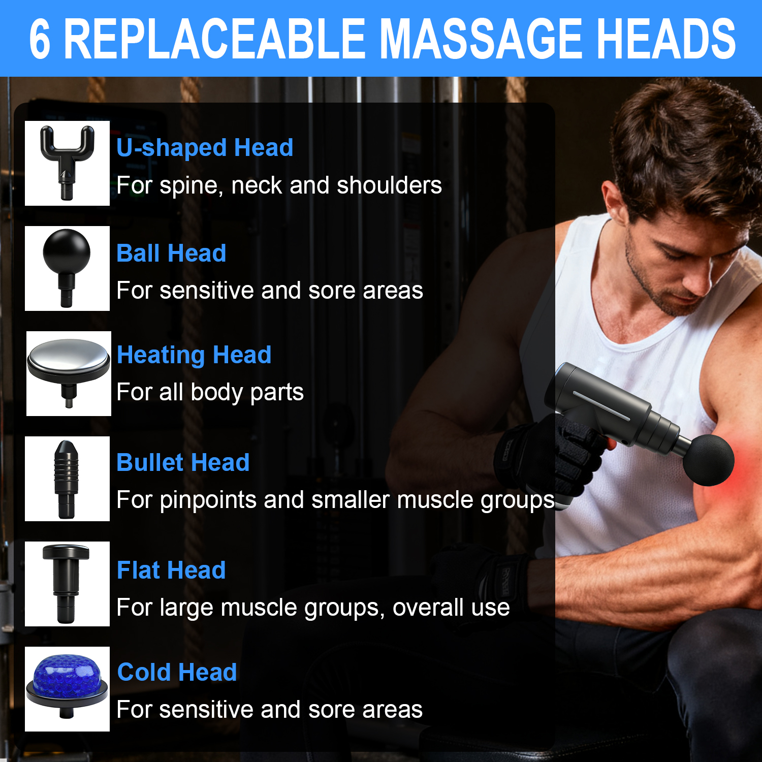 Massage Gun Deep Tissue for Athletes Muscle with 6 Replacement Heads for Pain Relief, Super Quiet Portable Electric Massager