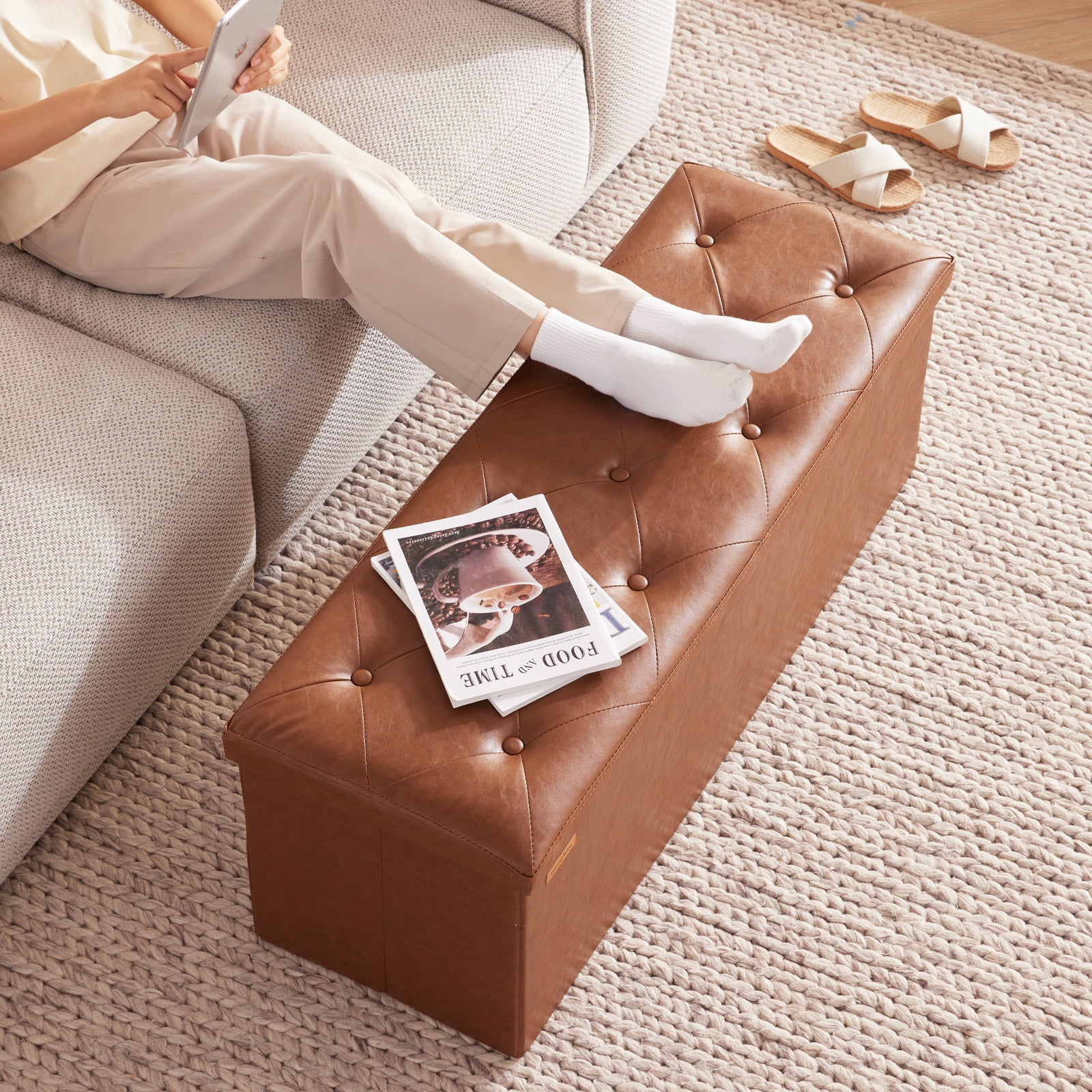 Hausfrau 43.5 Inches Ottoman with Storage Bench, Folding Ottoman Bench Foot Rest Stool, Bedroom Bench, Holds up to 660 lb, Faux Leather Retro Brown