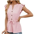 thumbnail image 3 of HAPIMO Women's Loose Pullover Tunic Clearance Summer Tees Trendy Solid Color Eyelet Ruffle Short Sleeve Drawstring V Neck Button Shirts Elegant Casual Workout Tops Girls Pink L, 3 of 4