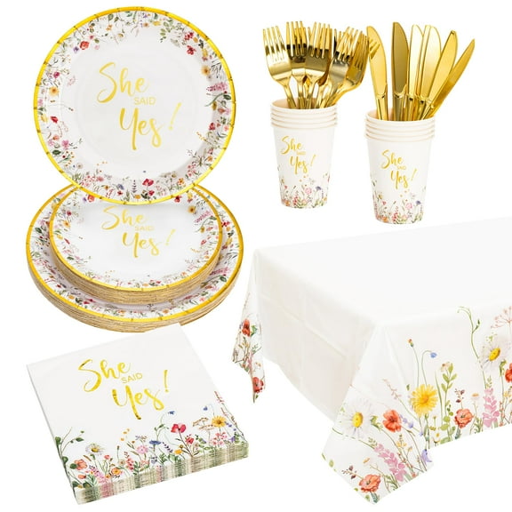 Crisky Wildflower She Said Yes Plates AFN1and Napkins Floral Engagement Disposable Tableware Set of 24 for Engagement Party Decorations (Plates, Napkin, Cups, Tablecloth, Knife & Fork)
