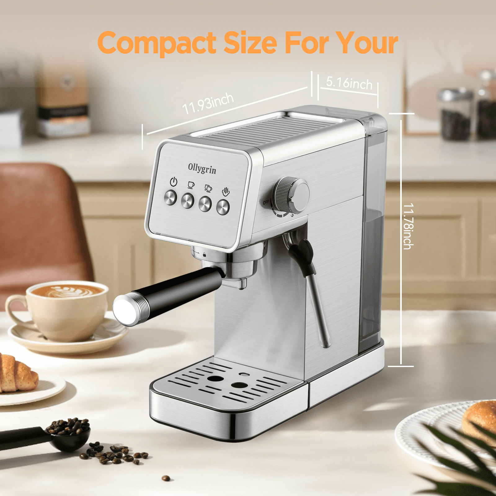 Ollygrin Espresso Machine,15 Bar Semi-Automatic Espresso Maker with Milk Frother,Compact Stainless Steel Coffee Machine with 40oz Removable Water Tank for Cappuccino,Latte, Americano,Sliver for Home