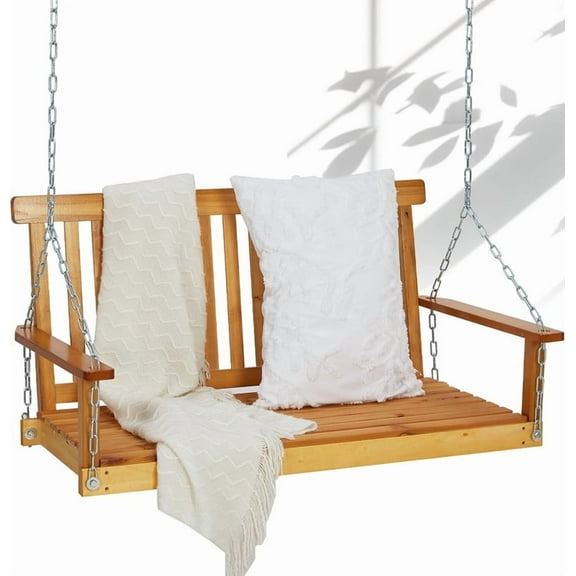 2-Seater Wooden Hanging Porch Swing Chair with Chains, 440 lbs Weight Capacity, Slatted Outdoor Patio Swing Bench for Yard, Garden, or Balcony (Natural Wood)