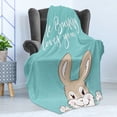 thumbnail image 4 of Saying Soft Flannel Fleece Blanket, Some Bunny Loves You Text and a Funny Friendly Rabbit with a Big Smile, Cozy Plush for Indoor and Outdoor Use, 50" x 60", Pale Blue Tan and White, by Ambesonne, 4 of 5