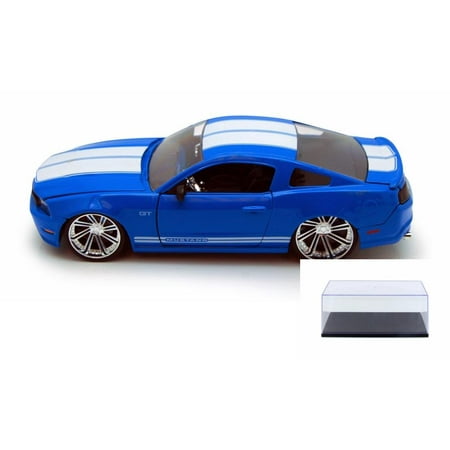 - Diecast Car & Display Case Package - 2010 Ford Mustang GT, Blue w/ white stripes - Jada Toys 92206 - 1/24 scale Diecast Model Toy Car w/Display Case