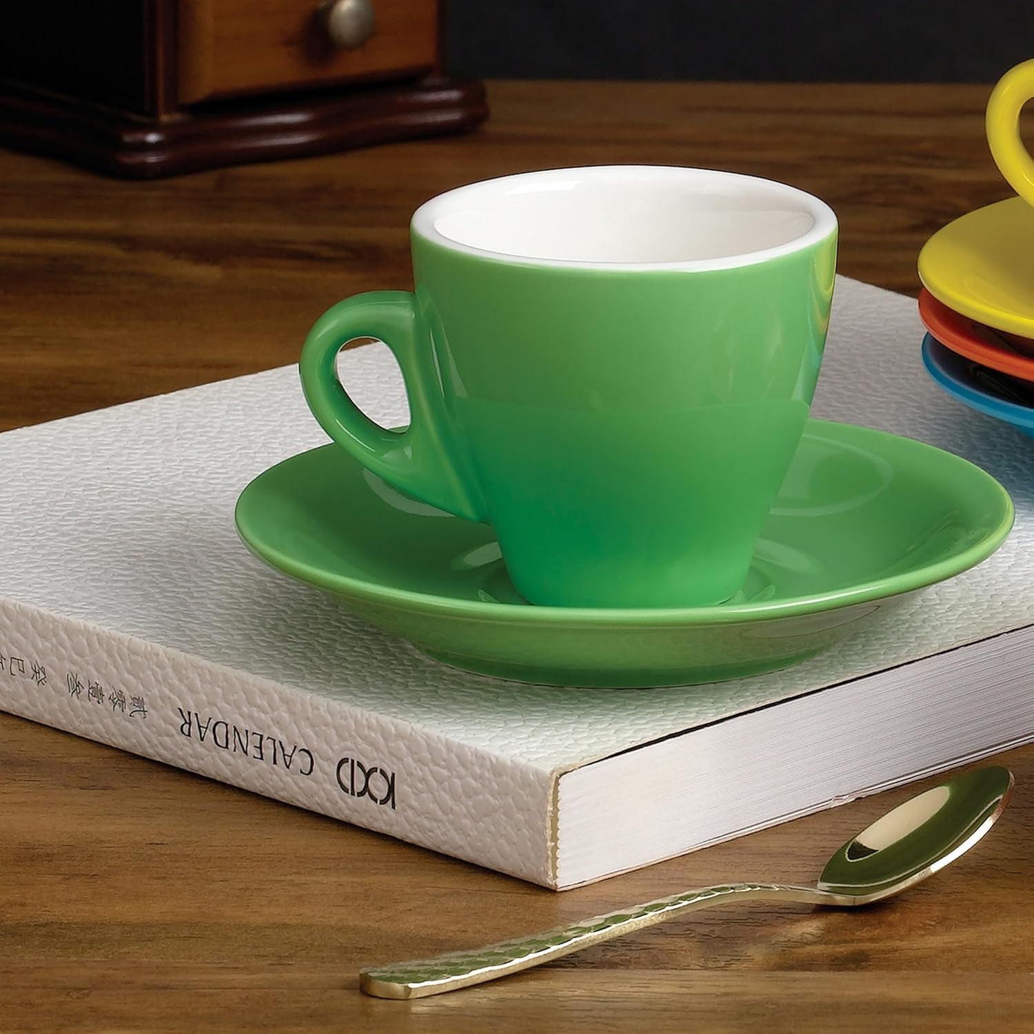 HOMEHUT Espresso Cups and Saucers Set of 6 - 3 Oz Porcelain Demitasse Cups, Green Coffee Cup Set with Matching Saucers, Microwave and Dishwasher Safe Small Espresso Cups for Home and Café Use