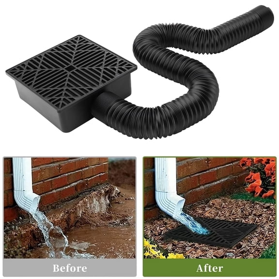 Catch Basin Gutter Downspout Extensions, 9"x 9" Flexible Low Profile Catch Basin Downspout Extender, Pipe Stretched Length from 16" to 60"