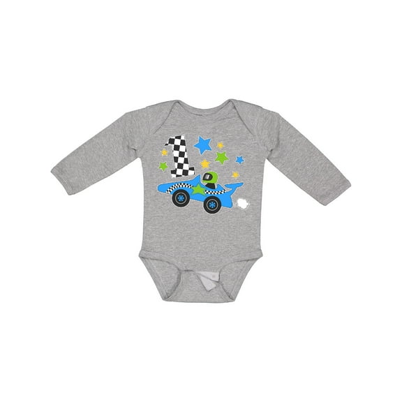 Inktastic Happy 1st Birthday Blue Racing Car Boys or Girls Long Sleeve Baby Bodysuit