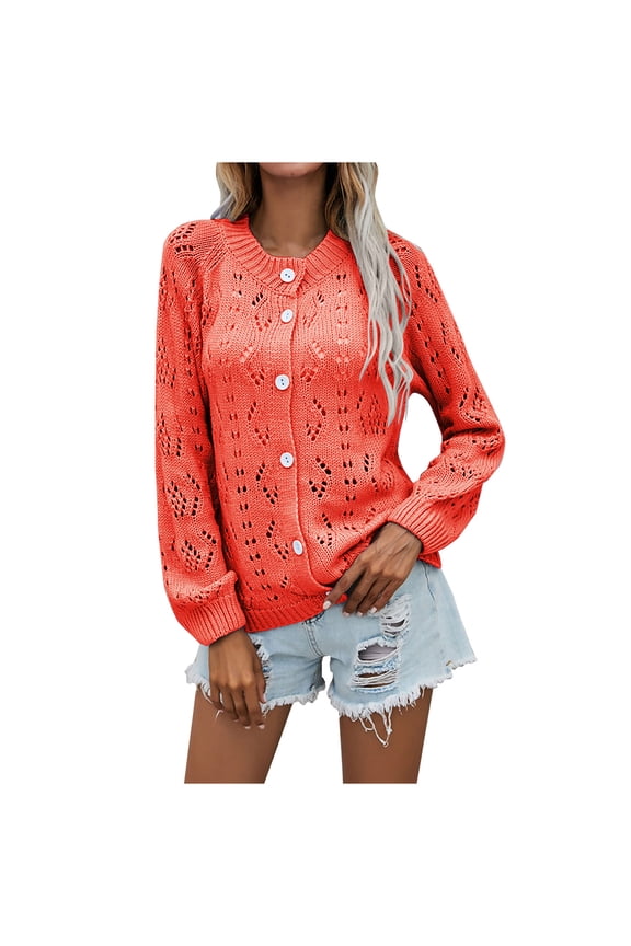 Open Front Cardigan Sweaters for Women Round Neck Long Sleeve Button Down Hollow Out Crochet Knit Sweater Outwear Top(Orange,XL)