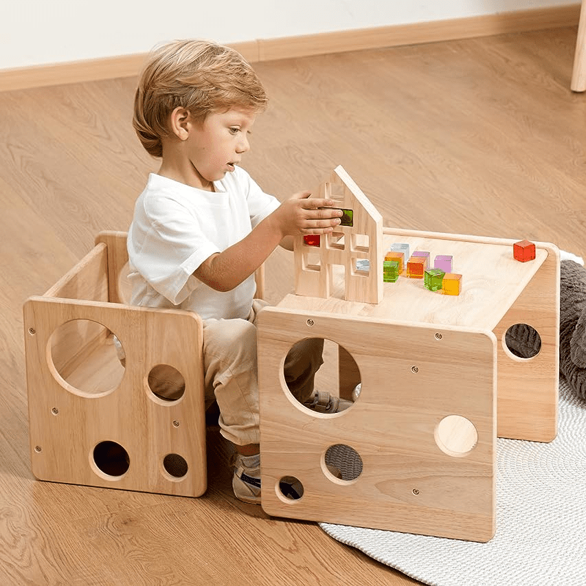Woodtoe Kids Table and Chair Set, Montessori Weaning Table and Chair Set for Toddler, Natural Solid Wooden Activity Table Cube Chair for Drawing Reading, Montessori Playroom Furniture for Children