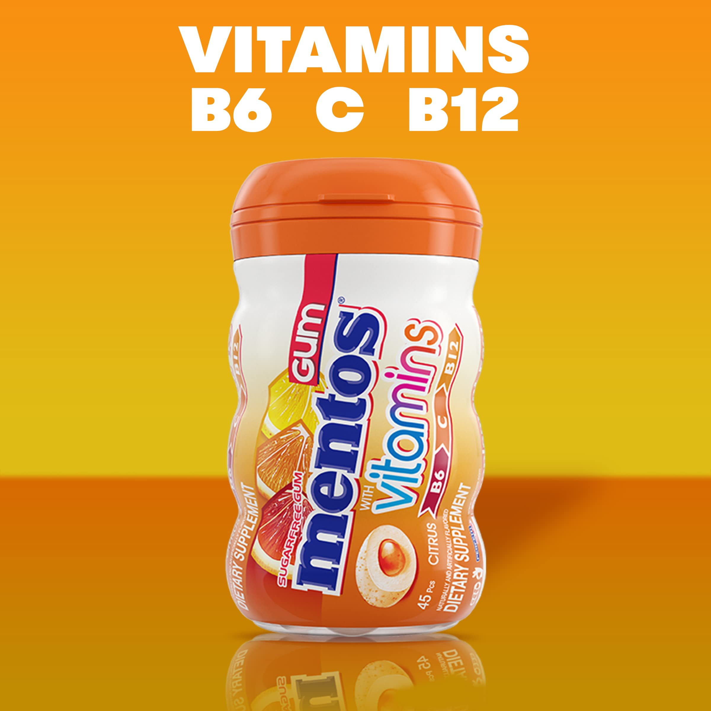 Mentos Gum with Vitamins, Sugar Free Chewing Gum with Xylitol, Citrus Flavor, Vitamins B6, B12 and C, Bottle of 45 (Bulk Pack of 6)