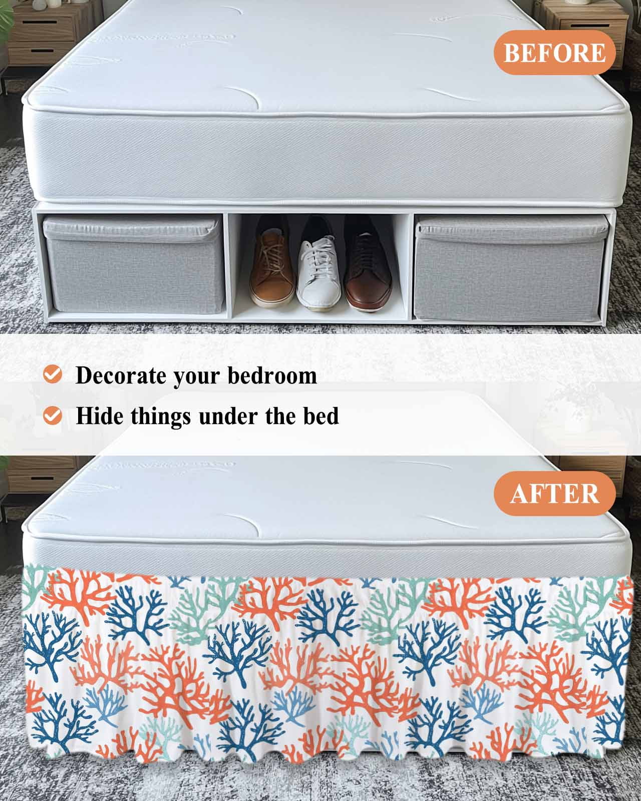 Orange Blue Coral Wrap Around Bed Skirts for Queen Bed 16" Drop,Bed Skirt with Adjustable Elastic Belt Dust Ruffle Bed Valance for Bedroom Hotel Green Gradient Coastal Ocean Color Bed Frame Cover