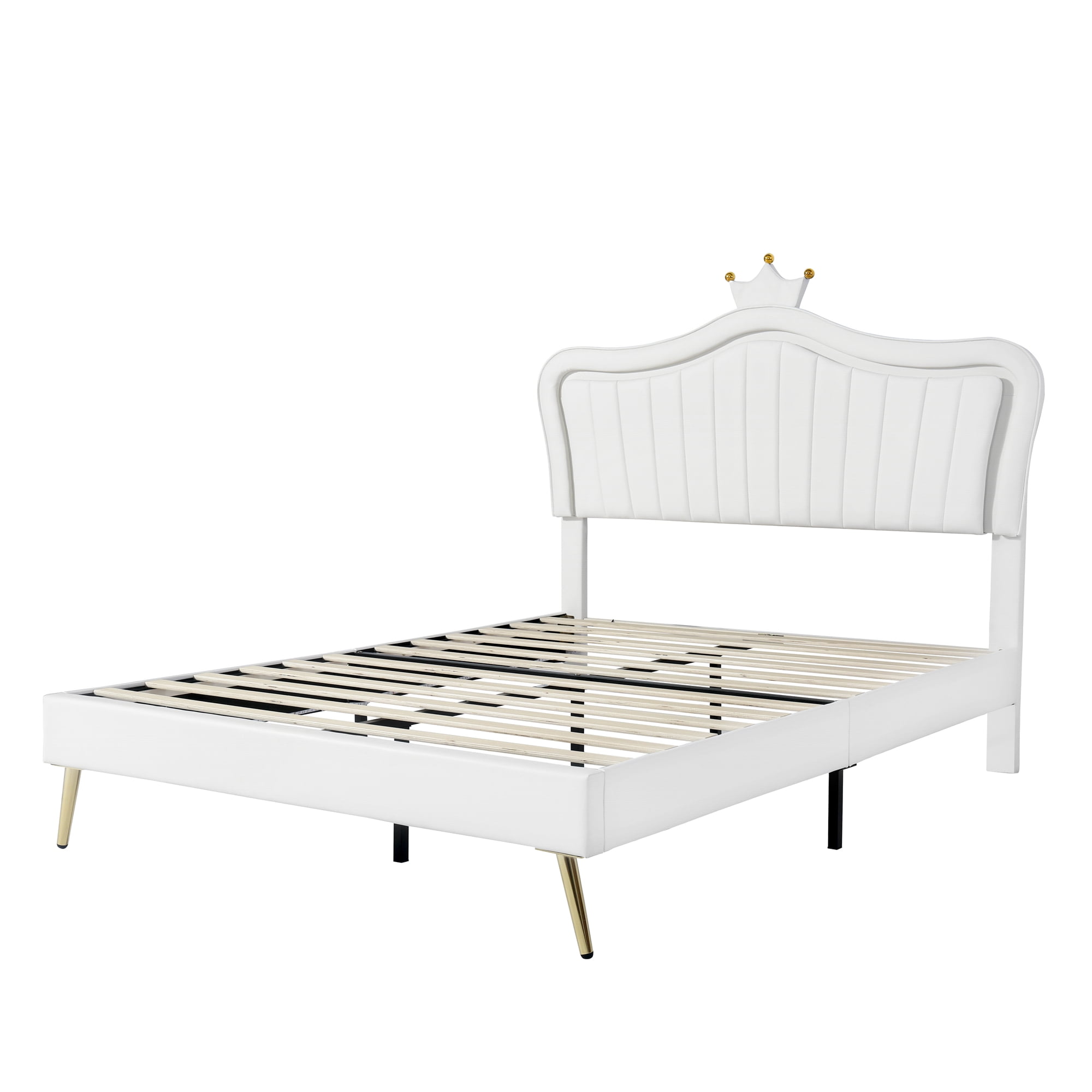 Aukfa Queen Upholstered Bed Frame with Crown Headboard and LED Lights, PU Princess Bed for Kids - White