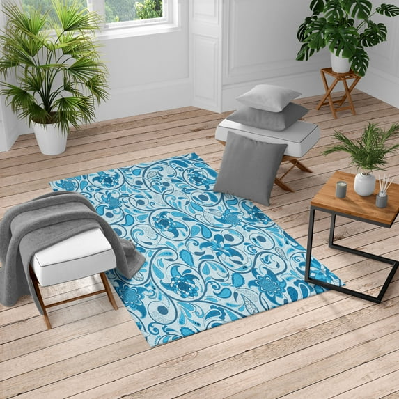 Vintage Turkish Area Rug, Oriental Scroll with Swirling Leaves with Eastern Design Inspirations, Soft Carpet for Living Room Decor with Distressed Look, 4' X 5.7', Deep Sky, by Ambesonne