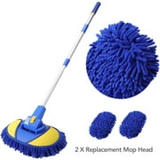 Sugletech 360° Rotating Swivel Car Wash Brush, Cleaning Brush with Long Handle, Microfiber Chenille Braids Brush Head Mop w/ 2 Heads