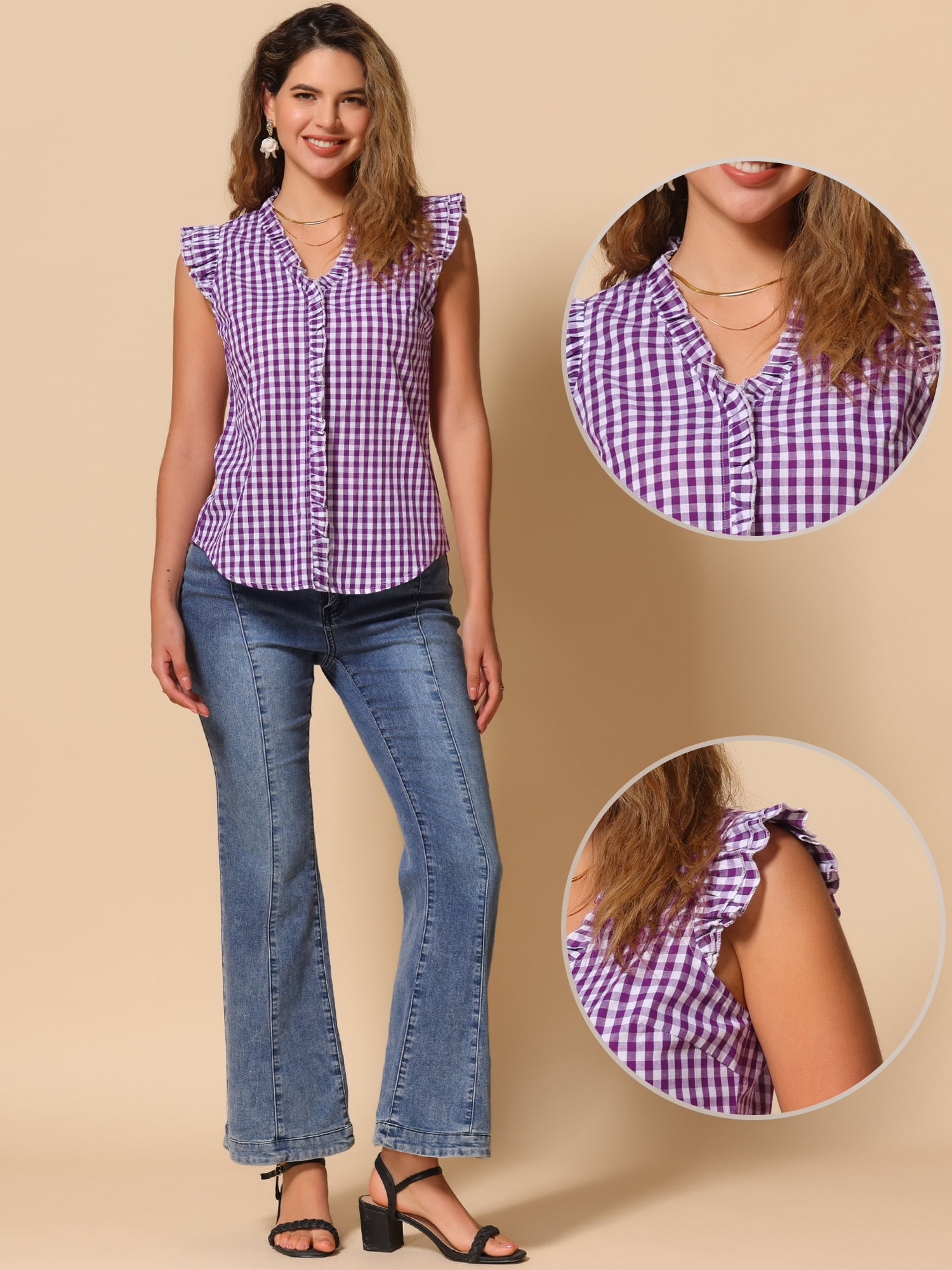 DARING DIVA Women's Cap Sleeve Plaid Gingham Ruffle Blouse S Purple