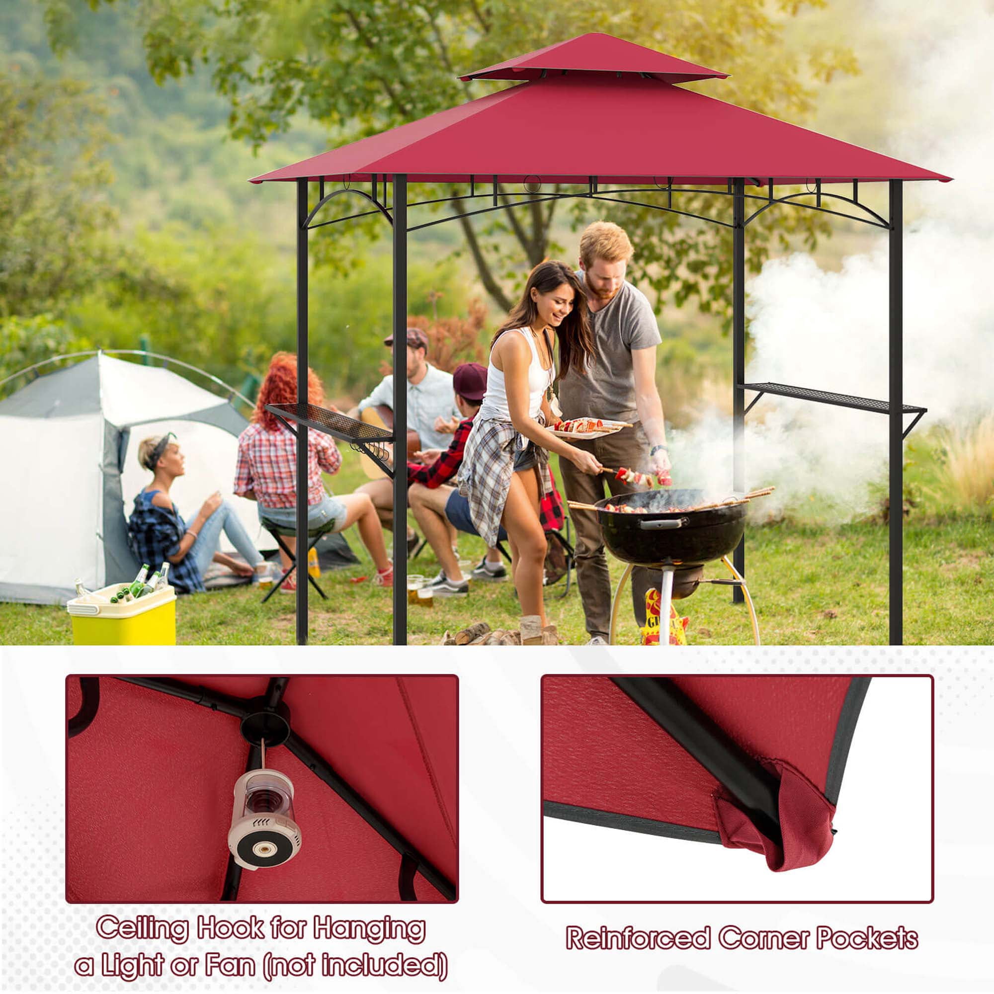 Costway 8' x 5' Grill Gazebo with 2 Shelves 7 Hooks Metal Frame Soft Top Wine